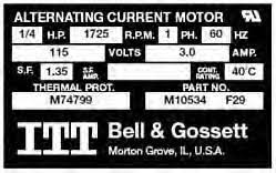 Appliance Motor Nameplate displaying 115 Volts and 3.0 Amps.