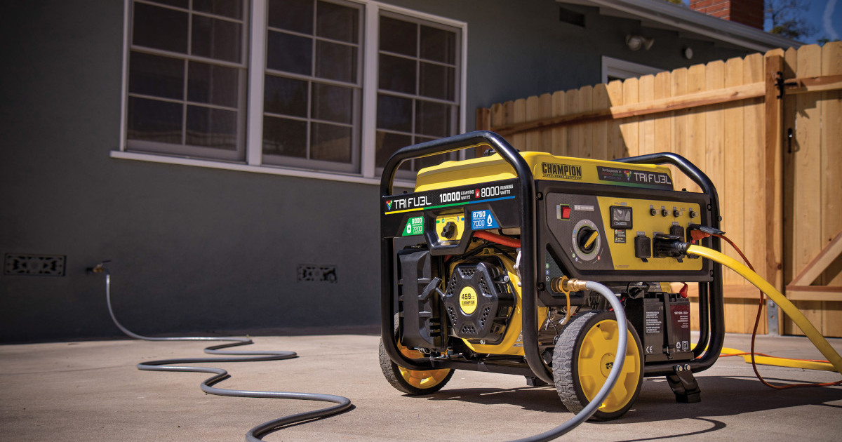 A Champion 8000 Watt Tri-Fuel Generator Connected for Home Backup